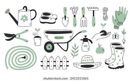 Gardening items doodle set. Hand drawn collection of tools and equipment for garden work. Modern springtime and summertime vector illustration with wheelbarrow, watering can, gumboots