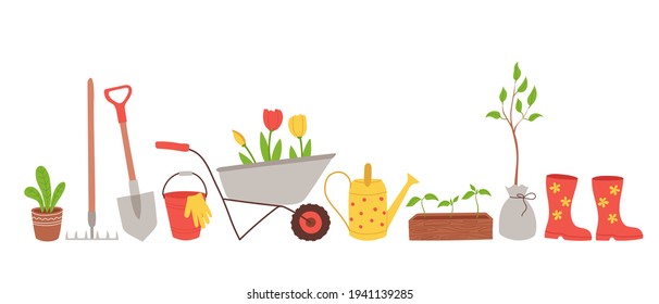 Gardening items in hand drawn style. Concept for various agricultural and garden tools. Growing potted plants, seedlings. Vector clip art illustration isolated on white background
