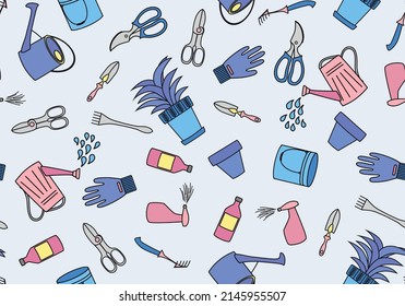 Gardening items icons seamless pattern. Garden tools - vector illustration of items for farming or farmer garden household