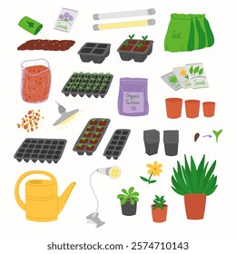 Gardening items mega set elements in flat graphic design. Bundle of sowing seeds, lamps, soil packages, plant pots, clay pebbles, fertilizer, watering can, other tools. Vector illustration isolated.