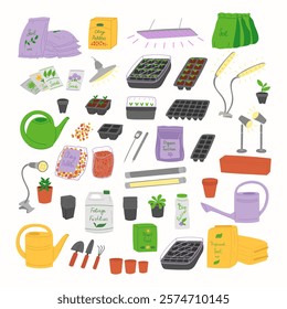 Gardening items mega set elements in flat graphic design. Bundle of soil packages, clay pebbles, seeds, lamps, growing box, seedlings, fertilizers, pots, other tools. Vector illustration isolated.