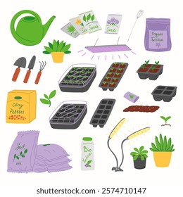 Gardening items mega set elements in flat graphic design. Bundle of watering can, seeds,  soil packages, clay pebbles, lamps, growing box, plant, fertilizer, other tools. Vector illustration isolated.