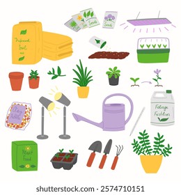 Gardening items mega set elements in flat graphic design. Bundle of soil packages, seeds, lamps, plant pots, watering can, clay pebbles, growing seedling box, other tool. Vector illustration isolated.