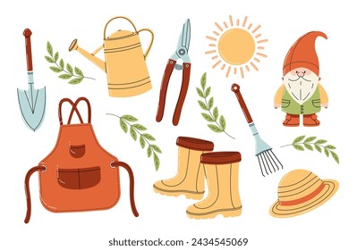 Gardening items set in hand drawn style set. Agricultural and garden tools for spring work collection