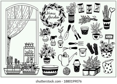 Gardening items set. Window flower boxes. Cute doodle graphic illustration. Hand drawn elements.