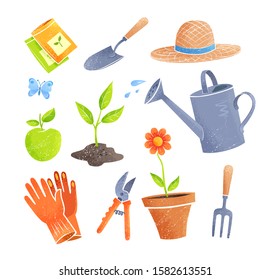 Gardening items vector illustrations set isolated on white background.