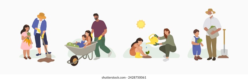 Gardening with kids. Happy family smiling and gardening together. Mom, dad, grandparents, children. Vector