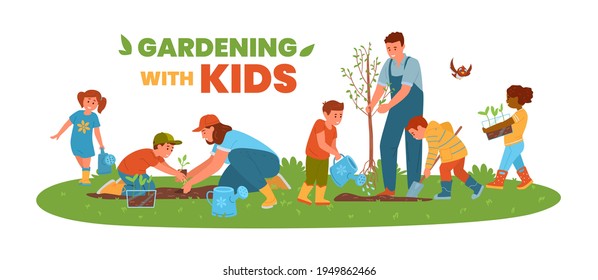 Gardening With Kids Horizontal Vector Banner. Children And Adults Planting Trees And Flowers. Boys And Girls Watering, Planting, Digging, Carrying Seedlings.  