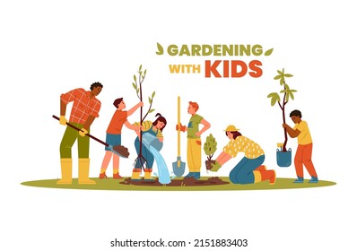 Jardinería con niños banner vectorial horizontal. Niños y adultos multirraciales plantando árboles, regando, cavando, llevando plántulas.