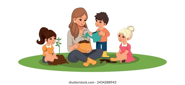 Gardening With Kids Horizontal Vector Banner. Children And Adults Planting Trees And Flowers. Boys And Girls Watering, Planting, Digging, Carrying Seedlings.