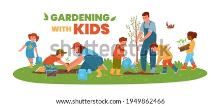Gardening With Kids Horizontal Vector Banner. Children And Adults Planting Trees And Flowers. Boys And Girls Watering, Planting, Digging, Carrying Seedlings.  