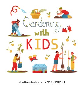 Gardening with kids vector banner. Children planting trees, watering, digging, bringing seedlings. 