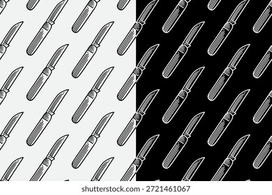 Gardening knife engraving seamless pattern on black white background set for merch. Camping knife hatching pattern background for adventures. Cooking knife tool line art motif wallpaper for camping