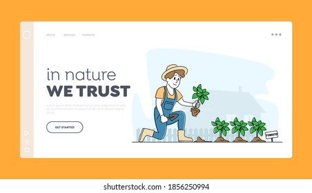 Gardening Landing Page Template. Woman Farmer or Cottager Character Working in Garden Digging Soil and Planting Tomato Sprouts to Ground, Care of Plants. Active Hobby. Linear Vector Illustration