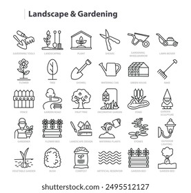 Gardening and Landscape Line Vector Icon Collection. A set of outline icons related to Garden tools, Flower, Tree, Greenhouse, Landscaping, Rake, Bush and more. Editable stroke. Vector illustration