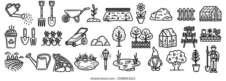 Gardening and Landscape Vector Icon Collection. A set of outline icons related to Garden tools, Flower, Tree, Greenhouse, Landscaping, Rake, Bush and more. Vector illustration