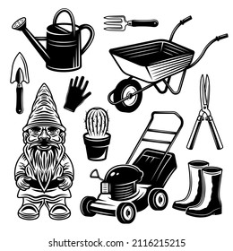 Gardening, landscaping and garden gnome set of vector objects or design elements in vintage monochrome style isolated on white background