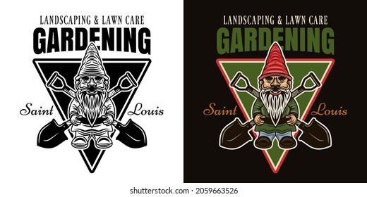 Gardening, landscaping and lawn care vector vintage emblem, badge, label or logo with standing gnome statuette and crossed shovels in two styles black on white and colorful on dark background