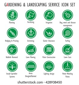 Gardening & landscaping service color vector icon set(Planting,Fertilizing,Irrigation,Gutter Clearance,Lawn Mowing&Care,Hedging&Pruning,Washing,Turfing,Strimming,
Patio construction,Lighting design)
