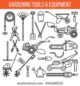 Gardening and Landscaping Tools and Equipment. Line art modern design, isolated on white background. Elements for icon, banner. 