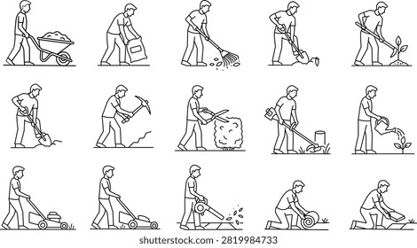 Gardening and Landscaping Worker Line Icon Set Collection with Wheelbarrow, Digging, Watering, Pruning and Lawn Care