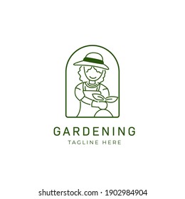 Gartenpflege-Firmenlogo mit lockigen Haaren zum Anpflanzen monolingischer Illustration, Vektorsymbol