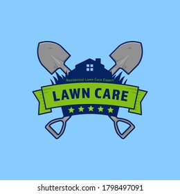 Gardening Lawn Care Company Vector Logo Badge With Shield And Shovel