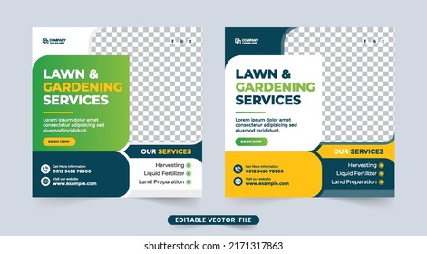 Gardening And Lawn Mowing Service Discount Social Media Post Vector. Agro Farming Business Advertisement Banner Template With Blue And Green Color. Harvesting And Landscaping Service Flyer Vector.