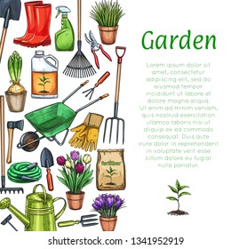 Gardening Layout. Garden Tools, Potted Flowers And Fertilizer In Sketch Style. Vector Illustration