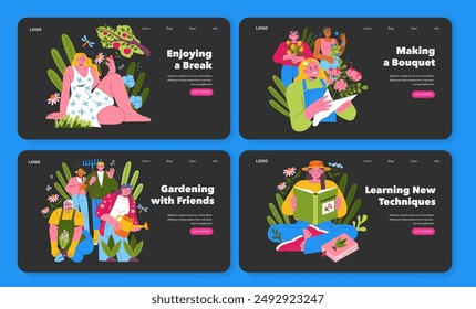 Gardening Lifestyle set. Outdoor relaxation, floral arrangement, community gardening, and educational hobby. Connection with nature, creativity, friendship, and learning. Vector illustration.