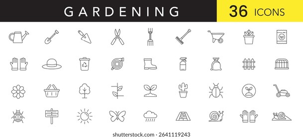 Gardening Line Art Icon Set  Minimal Outline Icons of Tools, Plants, and Outdoor Garden Elements
