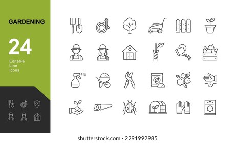 Gardening Line Editable Icons set. Vector illustration in modern thin line style of horticultural icons: work tools, plants, cultivation and care. Pictograms and infographics for mobile apps