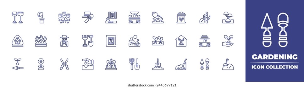 Gardening line icon collection. Editable stroke. Vector illustration. Containing flower, digging, gardening tools, bush, sprout, gardening, hydroponic gardening, gardener, pruning shears, seed, flower