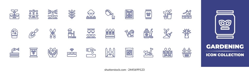 Gardening line icon collection. Editable stroke. Vector illustration. Containing fence, shovel, smart farm, water hose, gardener, plant, seedling, fertilizer, light, seed bag, watering can, secateurs.