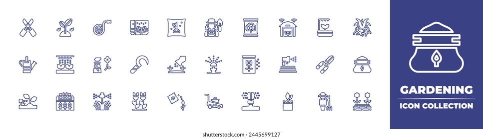 Gardening line icon collection. Editable stroke. Vector illustration. Containing equipment, sprinklers, sickle, gardening, garden, dripping, seeds, irrigation system, sprinkler, watering plants, seed.