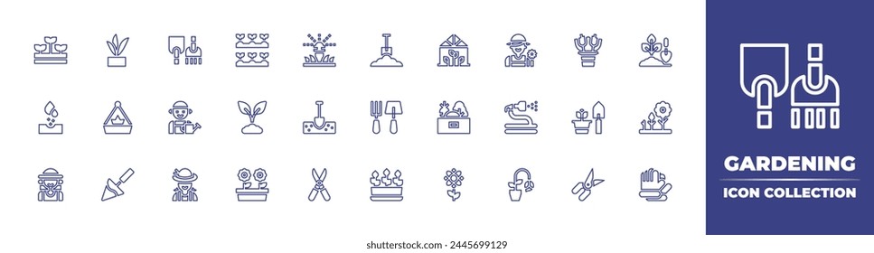 Gardening line icon collection. Editable stroke. Vector illustration. Containing plant, gardening, vegetables, plants, spade, shovel, gardening tools, gardener, sow, shears, flower, pot.