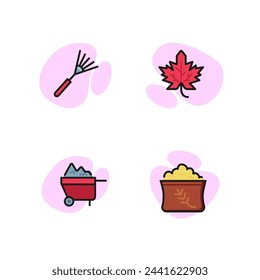 Gardening line icon collection. Maple leaf, rake, bag with grain, wheelbarrow. Agriculture concept. Can be used for topics like farm, harvest, cultivation.