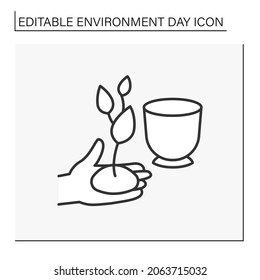 Gardening line icon. Plant flower in a pot. Nature care and protection.Greening environment. Environment day concept. Isolated vector illustration. Editable stroke