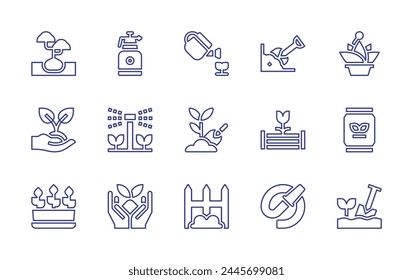 Gardening line icon set. Editable stroke. Vector illustration. Containing fence, organic food, plant, raised bed, plants, water hose, gardening, shovel, sprinkler, seeds, watering sprayer, dune.