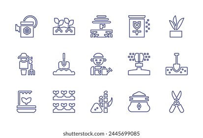 Symbol für Gartenlinie gesetzt. Bearbeitbarer Strich. Vektorillustration. Enthaltene Pflanze, Graben, Zuckerrohr, Garten, Schaufel, hydroponische Gärtnerei, Gärtner, Gießkanne, Schere, Mist, Sprinkler, Samen.