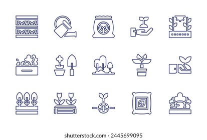 Gardening line icon set. Editable stroke. Vector illustration. Containing watering can, vegetable, charity, vertical farming, hydroponic gardening, garden, gardening, plant, fertilizer, carrots.