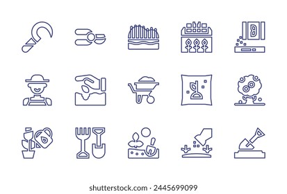 Symbol für Gartenlinie gesetzt. Bearbeitbarer Strich. Vektorillustration. Enthaltend Gärtner, Gartengeräte, Sichel, Apfelbaum, Gartenarbeit, Wintergarten, Baumschere, Schubkarre, Saatgut, Pflanze, Beutel, Saatbeutel.