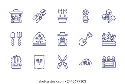 Gardening line icon set. Editable stroke. Vector illustration. Containing flower, flowers, bush, shovel, cotton, winter garden, cactus, gardener, secateurs, pruning shears, fertilizer, roses.