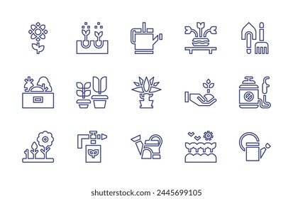 Gardening line icon set. Editable stroke. Vector illustration. Containing flower, vegetables, plant care, plants, watering can, shovel, hydroponic, plant, dracaena, fertilizer, pesticide.