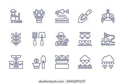 Conjunto de iconos de línea de jardinería. Trazo editable. Ilustración vectorial. Contiene flor, manguera de agua, pala, tropical, planta, jardinería hidropónica, herramientas de jardinería, jardinería, jardinero, cesta colgante.