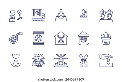 Gardening line icon set. Editable stroke. Vector illustration. Containing indoor plants, seedling, soil, carrot, planting, seeds, plant, pot, spider plant, growing plant, watering, sprinkler.