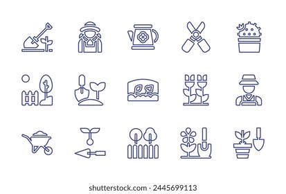 Gardening line icon set. Editable stroke. Vector illustration. Containing wheelbarrow, planting, farmer, gardening, cactus, pruning shears, gardener, garden, shovel, watering can.