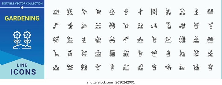 Gardening line icon set. Garden icon set. Contains outline symbols like flowerpot, harvest, seedling, sprout, farming, grass and more. Editable stroke. Vector illustration.