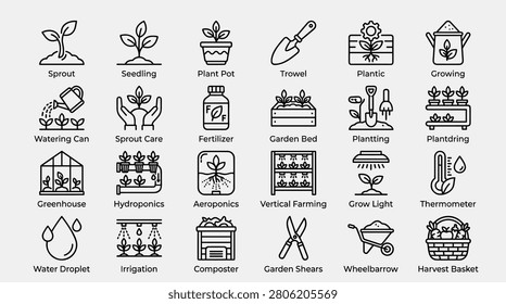 Gardening line icon set including sprout, seedling, plant pot, trowel, and greenhouse, along with watering can, fertilizer, garden shears, and harvest basket, highlighting sustainable farming, hydroponics, and vertical farming techniques.