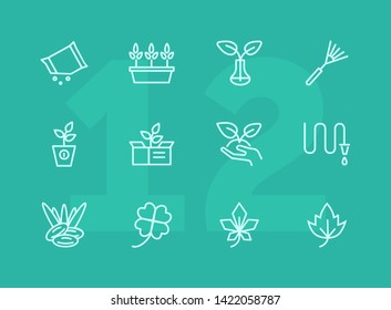 Gardening line icon set. Plants, leaf, hose, rake. Nature concept. Can be used for topics like orchard, farming, agriculture
